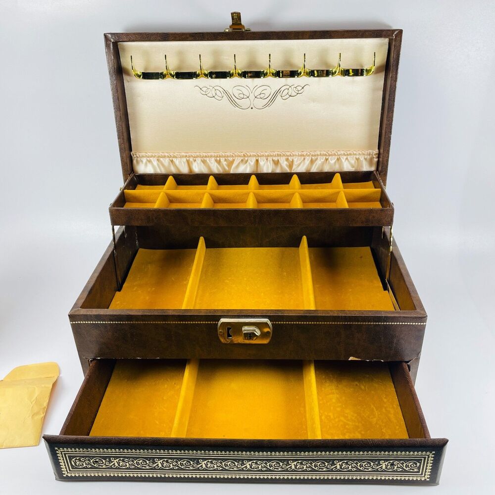 VTG MELE 4-Tier Jewelry Box MCM Mid-Century Faux Leather Satin Gold Velvet w KEY - Picture 6 of 16